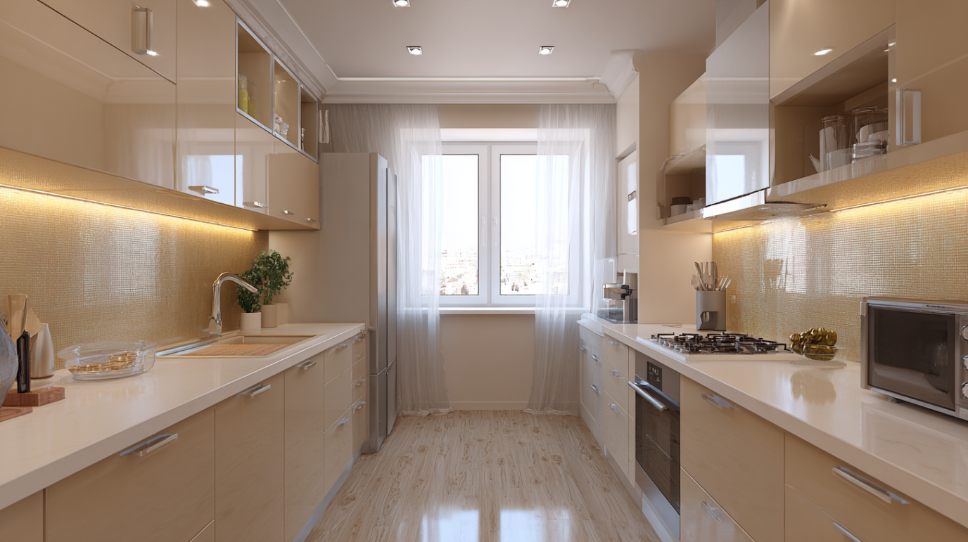 Kuhinja u toplim tonovima, moderna.