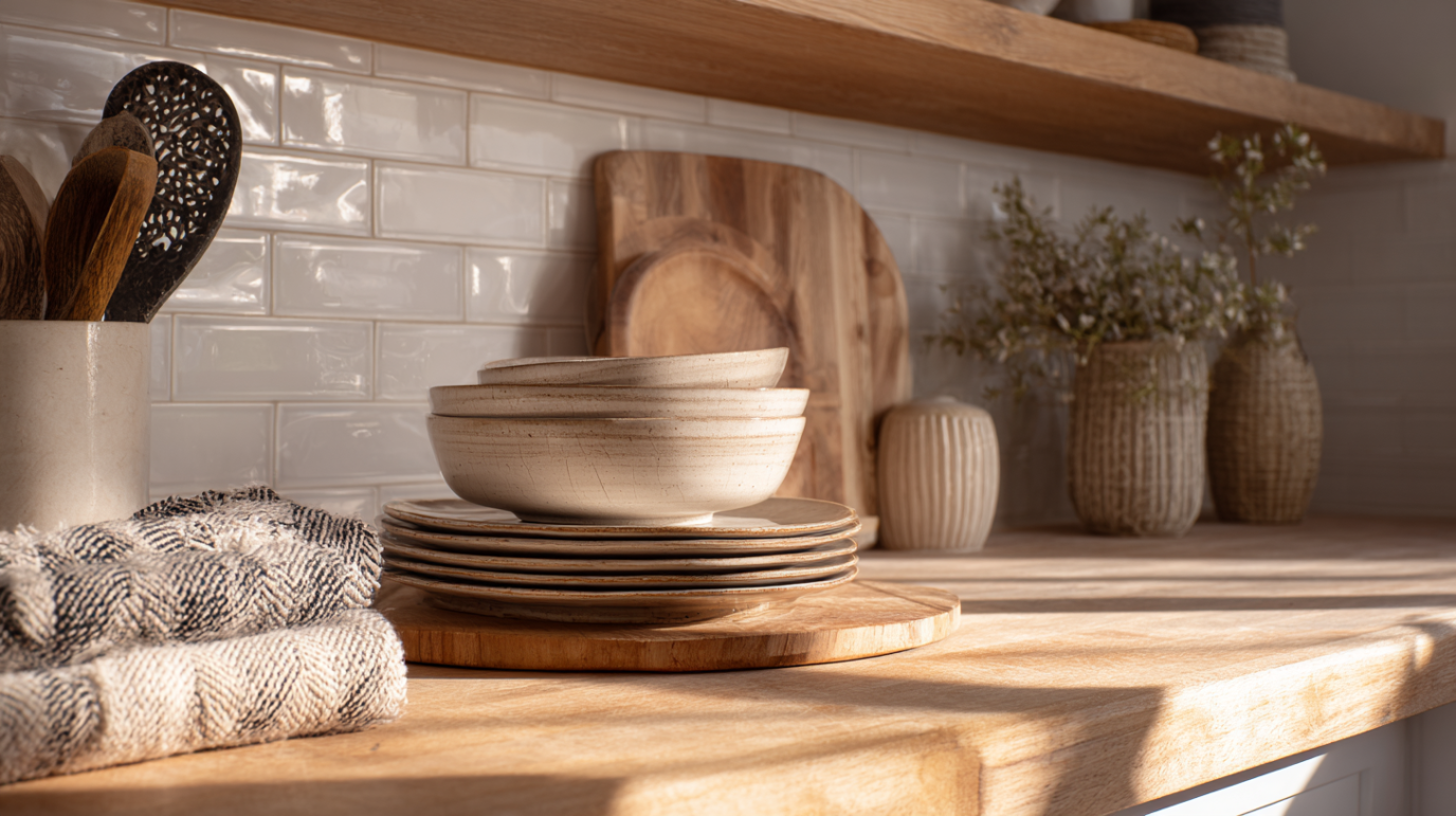 Kuhinja uredjena prirodnim materjalima i u prirodnim tonovima