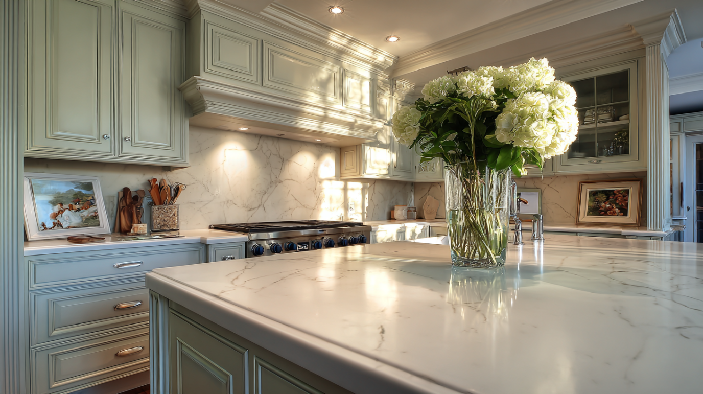 Radna povrsina u kuhinji na kojoj se nalazi cvece