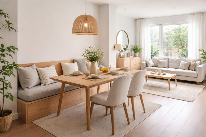 Mala dnevna soba i trpezarija sa drvenim trpezarijskim stolom, klupom uz zid i stolicama sa suprotne strane