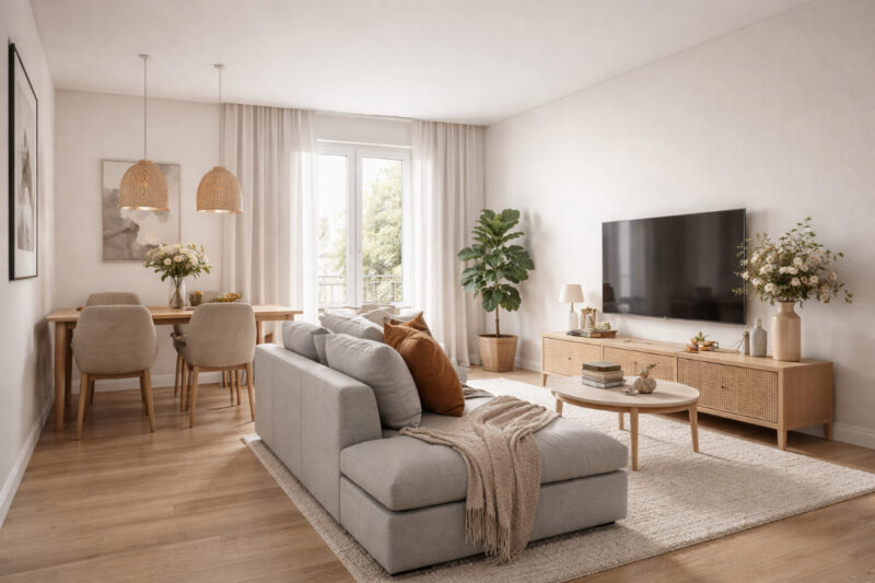 Televizor na zidu u maloj dnevnoj sobi povezanom sa trpezarijom