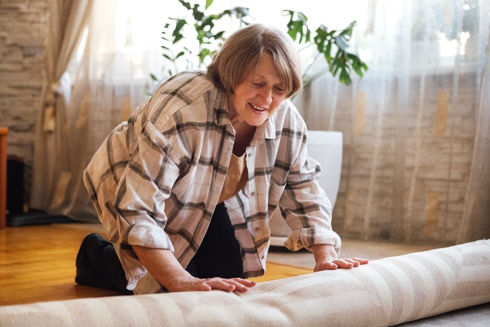Osoba postavlja veliki tepih na pod u dnevnoj sobi