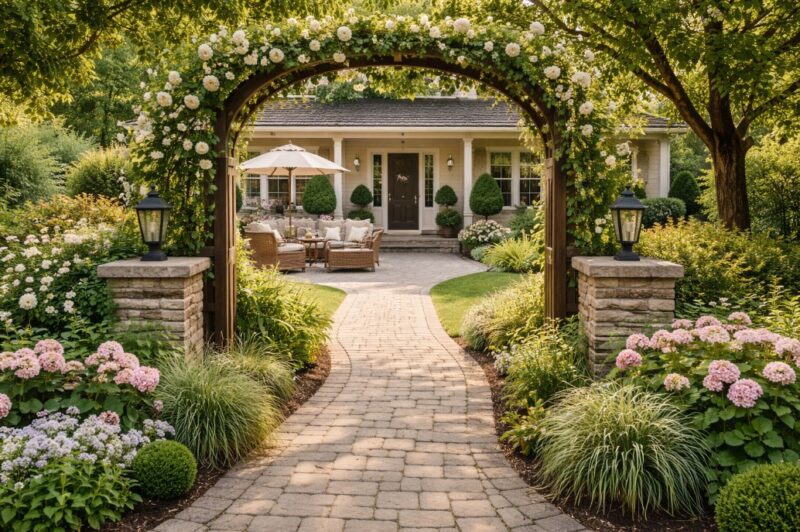 Uređen ulaz u dvorište sa stazom od behatona koja vodi ka kući i prostoru za sedenje ispred